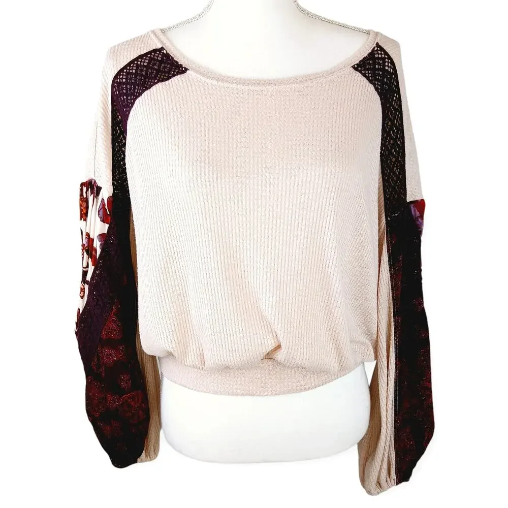Free People SZ S Casual Clash Top Pink Burgundy Balloon Sleeve Thermal BOHO $88